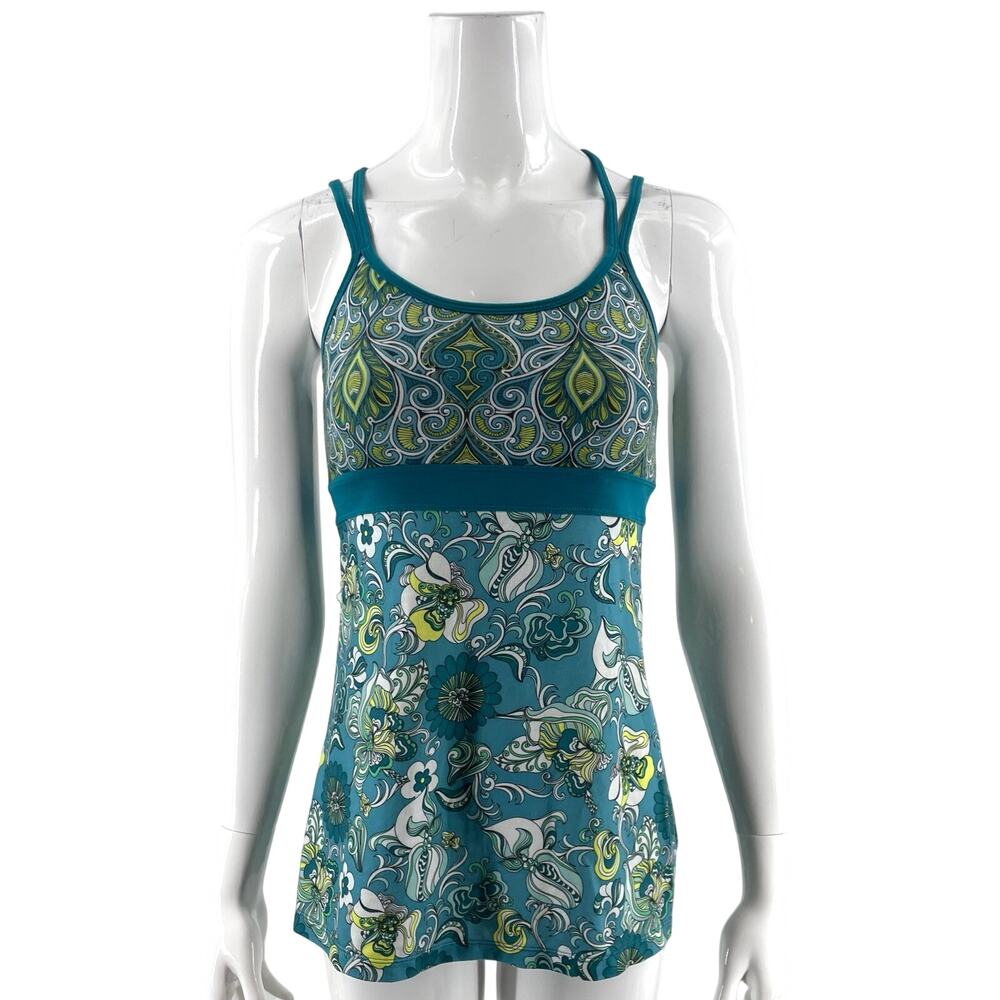 Prana Womens Tunic Tank Top Size Small Blue Lime Green Floral Print Shelf Bra